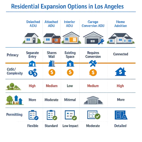 Infographic comparing accessory dwelling units ADU California project types, highlighting privacy, cost, site impact, and permitting factors.