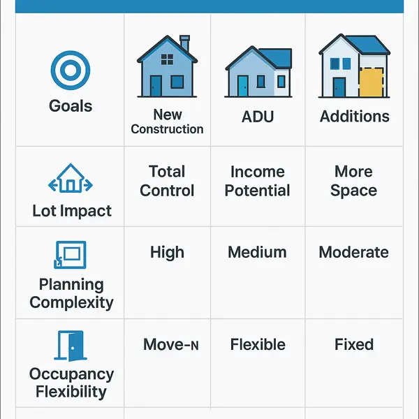 Comparison matrix infographic showing new construction in Los Angeles versus ADUs, additions, and remodels for property owners