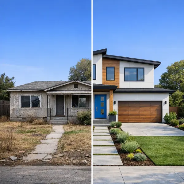 Before-and-after view of a residential lot transformed with new construction in Winnetka.