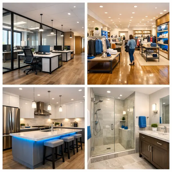 Grid of commercial and residential remodeling projects, including office, retail, kitchen, and bathroom by Alvapareen Construction