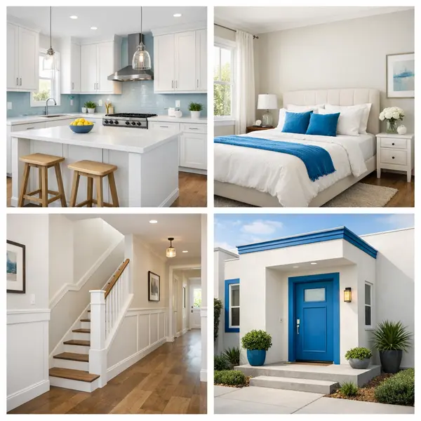 Grid of spaces showing modern kitchen, bright bedroom, hallway, and exterior facade by our home painting services