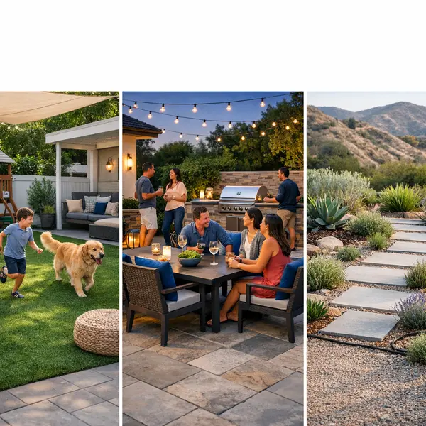 Three backyard transformations for Agoura Hills homeowners: play space, modern entertaining area, and water-wise yard.