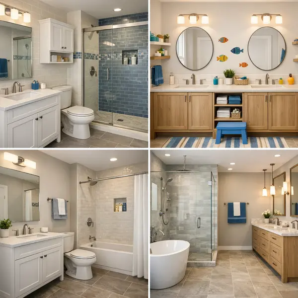 Diverse bathroom remodeling examples in Los Angeles, from compact family baths to luxury master ensuites
