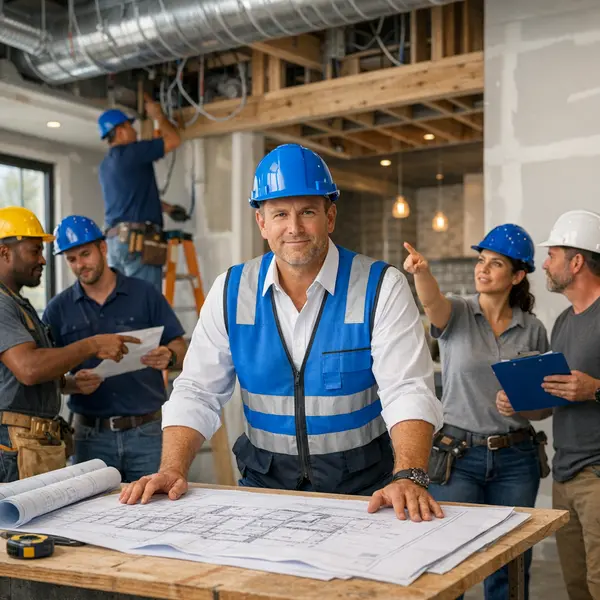 Project manager reviews plans with trades during commercial & residential construction in an active jobsite.