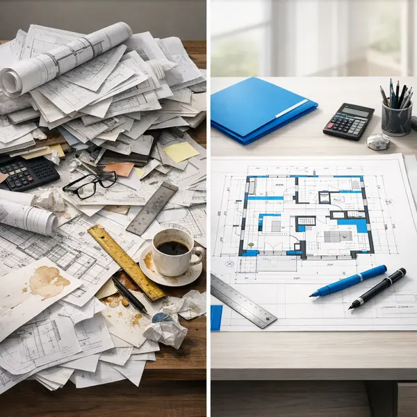 Organized vs. disjointed commercial & residential construction plans side by side in modern workspace