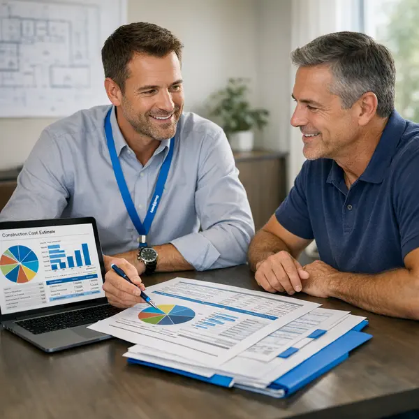 Project manager and client review commercial & residential construction budget and cost details together in a modern office
