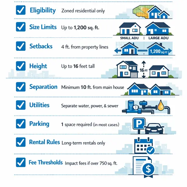 Infographic checklist breaks down accessory dwelling units ADU requirements for property owners across all main categories.