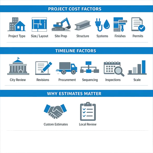 Infographic showing main cost and timeline factors for new construction in Los Angeles, with icons and labeled sections for owner clarity.