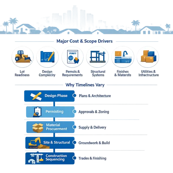 Infographic showing key cost, timeline, and scope factors for new single family homes Los Angeles projects.