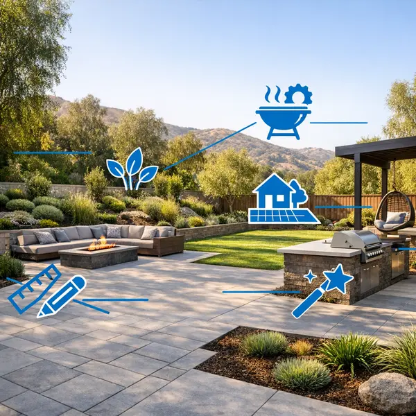 Upgraded backyard with patio, landscaping, and custom features for a backyard transformation project in Agoura Hills.