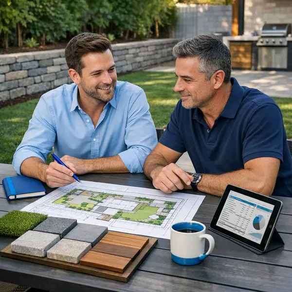 Consultation for backyard transformations with plans and material samples in Sherman Oaks