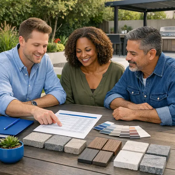 Project manager collaborates with Tarzana homeowners on backyard transformations proposal and material samples