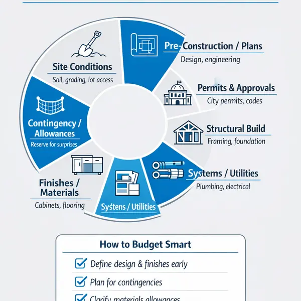 Infographic showing main cost categories for New Construction in Los Angeles budget planning