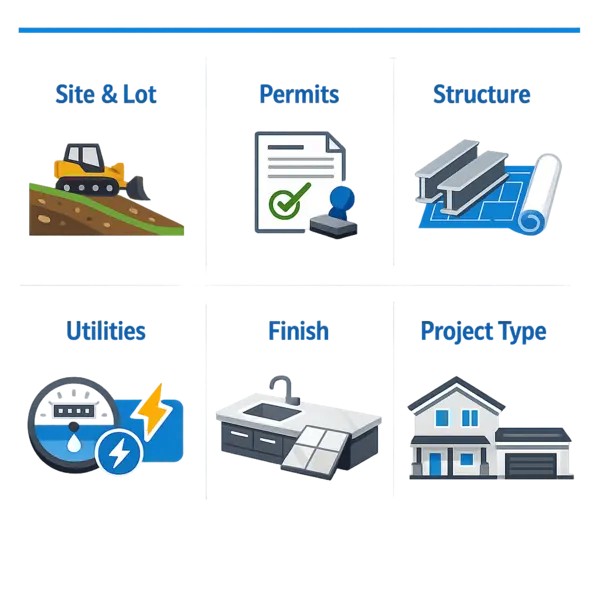 Infographic clearly illustrating six main new construction cost factors for New Construction in Los Angeles projects