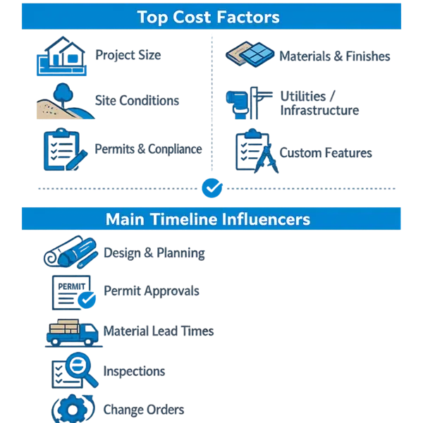 Infographic showing main cost factors and timeline influences for New Construction in Los Angeles projects