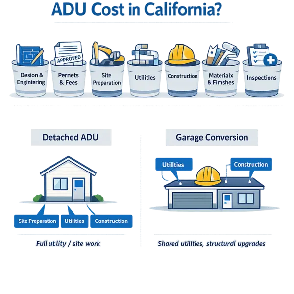 Infographic showing key cost drivers for accessory dwelling units ADU California with detached and garage conversion comparison