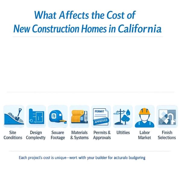 Infographic highlighting major cost factors in new construction homes California, with clear cost categories for property owners