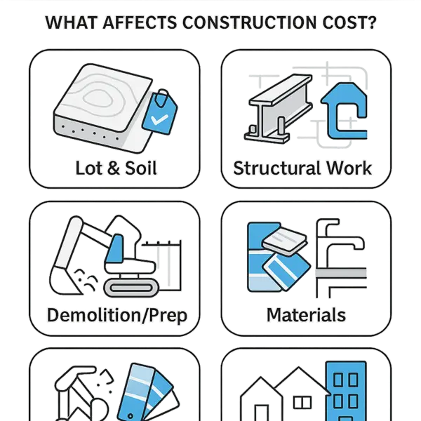 Modern infographic outlining main cost factors for new construction in Los Angeles projects