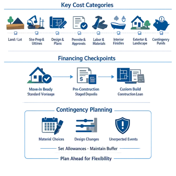 Infographic showing key cost categories, financing, and planning steps for new construction homes California projects