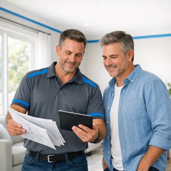 Project manager and homeowner discussing a home painting services plan in a bright, freshly painted room