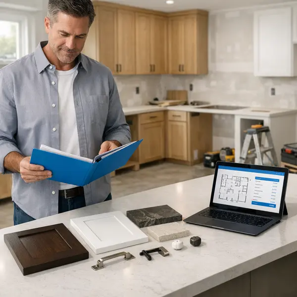 A kitchen remodeling contractor reviews design plans and material samples for a Los Angeles renovation project.