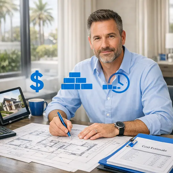 Project manager reviews new construction plans and cost estimates in Beverly Hills office setting