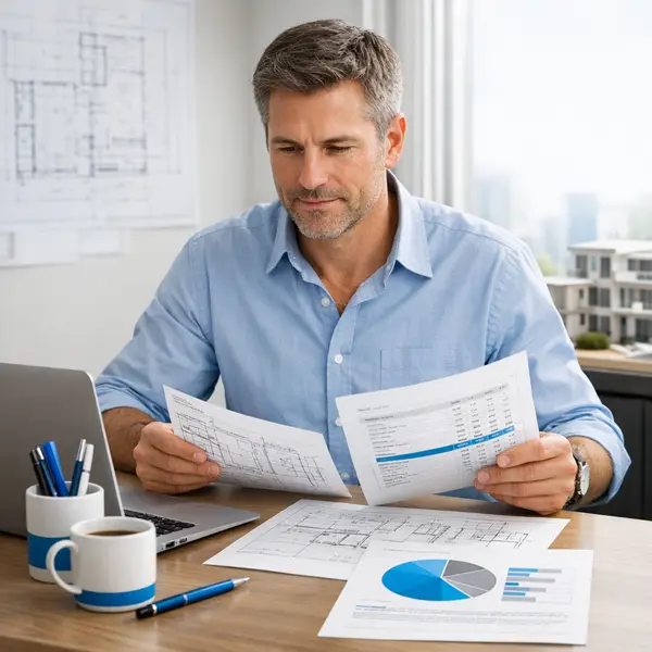 Project manager reviewing new construction plans and budgets for a Los Angeles build in a well-lit office
