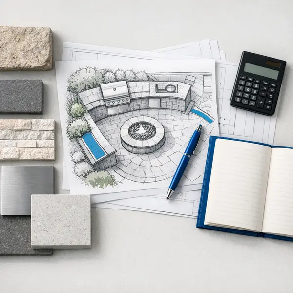 Material samples and budget plan for outdoor kitchen, BBQ and fire pit project decisions