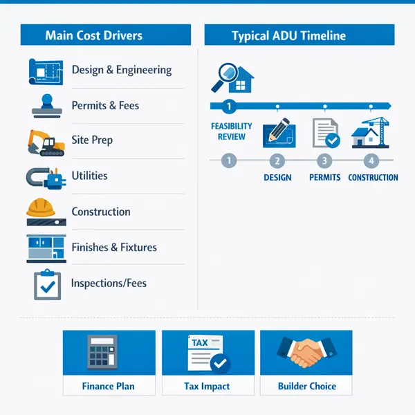 Infographic showing ADU requirements, main cost drivers, and a typical project timeline for homeowners