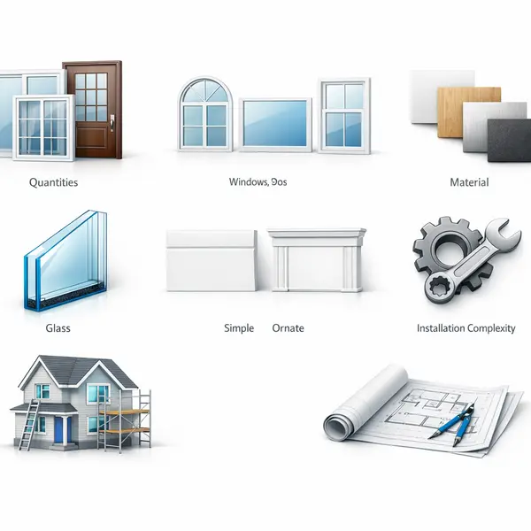 Infographic showing key cost factors for Window & Door replacement, such as quantity, material, and installation complexity.