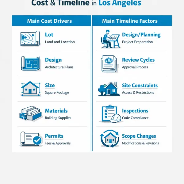 Infographic clearly showing main cost and timeline factors for New Construction in Los Angeles projects
