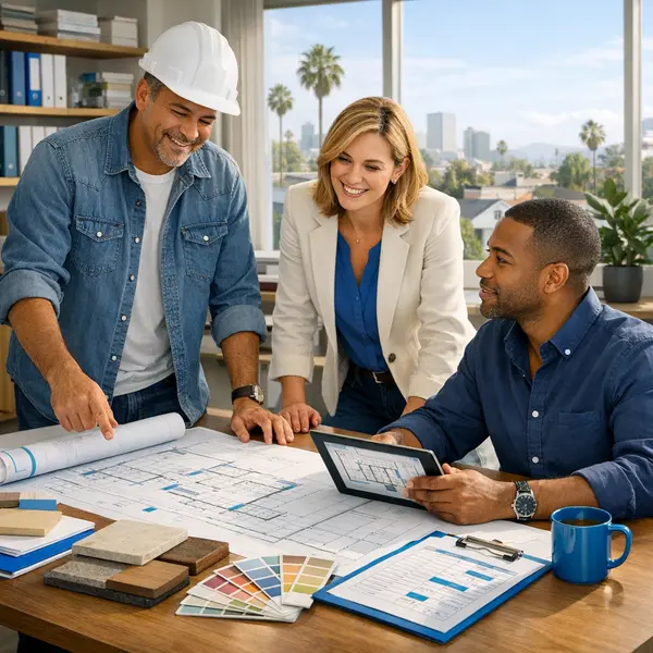 Modern New Construction in Los Angeles project team reviewing blueprints and material selections together.