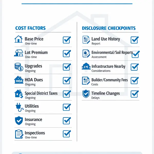 Infographic checklist of costs, fees, taxes, and disclosures to review for new construction developments near me
