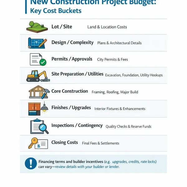 Infographic clearly outlining major new construction cost categories, incentives, and financing factors for homeowners and property owners.