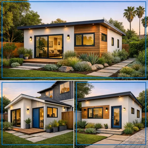 Collage of detached, attached, and garage conversion accessory dwelling units adu california with modern finishes and natural daylight.
