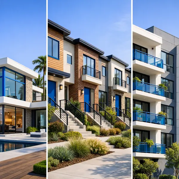 Collage of custom home, townhomes, and apartments illustrating new construction developments near me environments