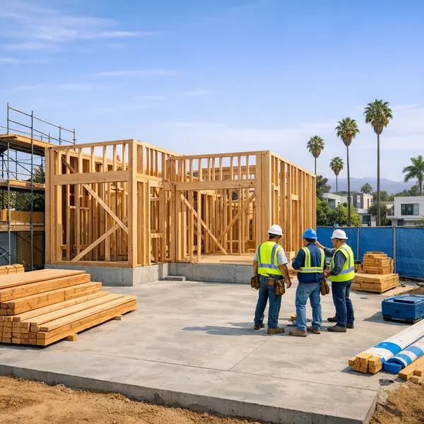 Ground-up residential construction site with new framing representing New Construction in Los Angeles.