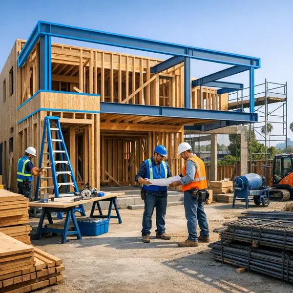 Active New Construction in Los Angeles showing modern home framing and site organization for residential build.