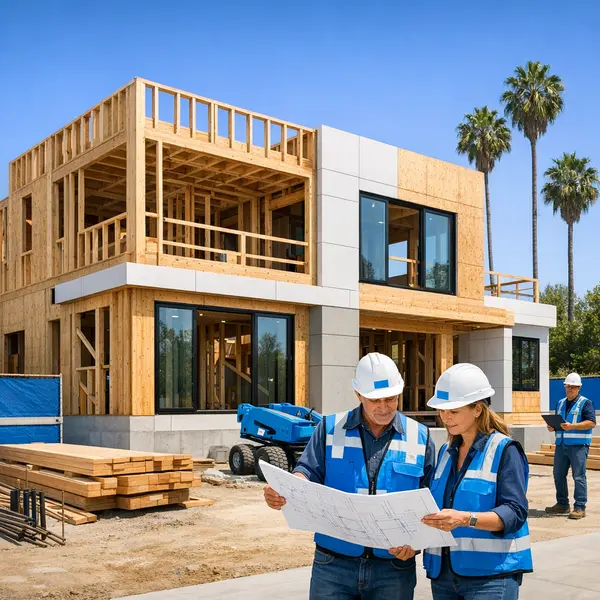 Modern new construction in Los Angeles featuring a ground-up residential build and project team on site