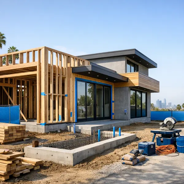 Modern Los Angeles new construction residential home, showing ground-up build with fresh framing and clean jobsite presentation.