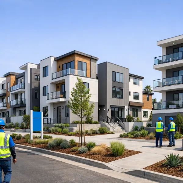 Modern streetscape of new construction developments near me with various residential facades and clean landscaping