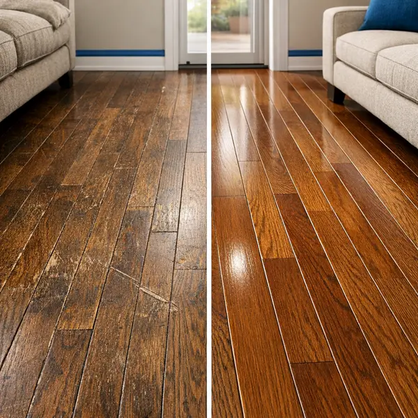 Before-and-after comparison of a hardwood floor showing flooring problems and professional floors services results