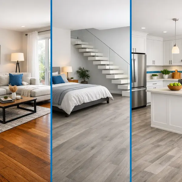 Flooring services shown in hardwood living room, laminate bedroom, and vinyl kitchen by Alvapareen Construction