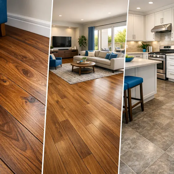 Collage of hardwood, laminate, and vinyl floors services by Alvapareen Construction in modern interiors