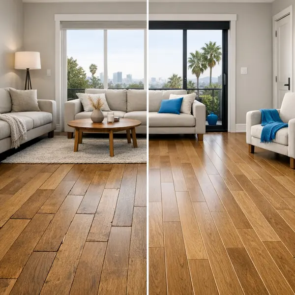 Split-view of DIY and professional floors services installation highlighting clear differences in quality and finish.