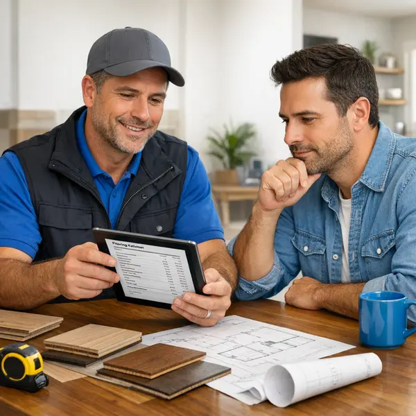 Contractor and homeowner reviewing detailed floors services estimate with material samples and plans