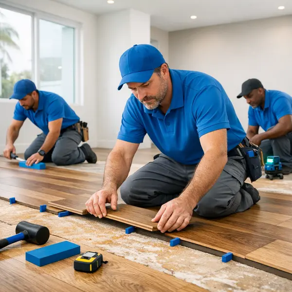 Professional flooring crew installing new hardwood planks as part of expert floors services project