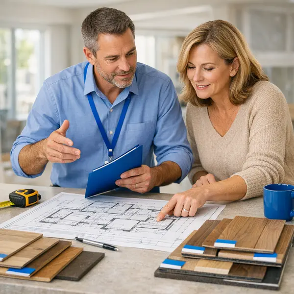 Project manager and homeowner discussing floors services with samples and blueprints on-site