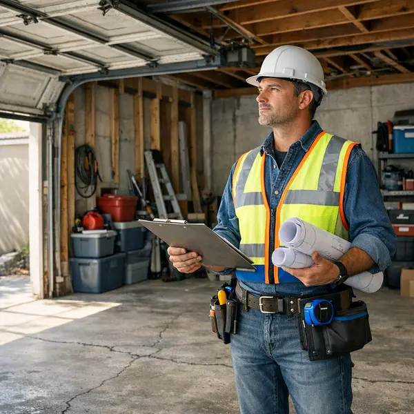 A professional contractor assesses an unfinished garage for garage conversions in Winnetka with tools and plans.