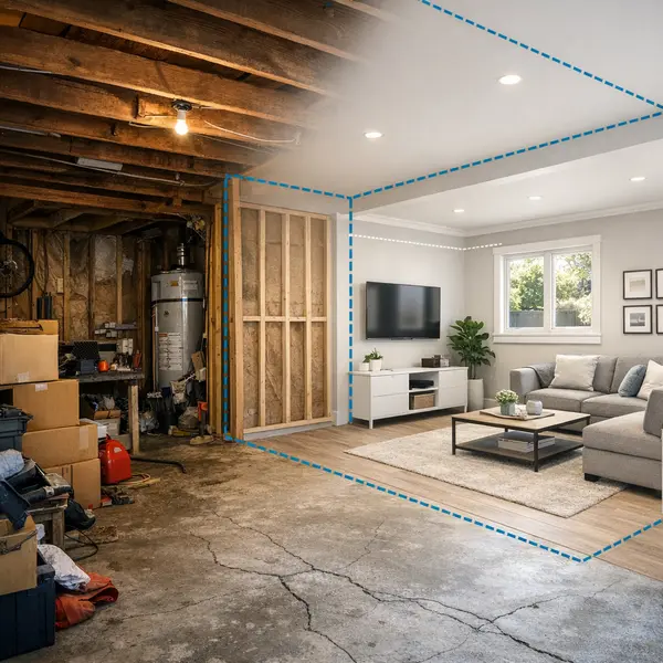 Unfinished Beverly Hills garage showing challenges before garage conversions: clutter, poor lighting, visible slab, and exposed studs.